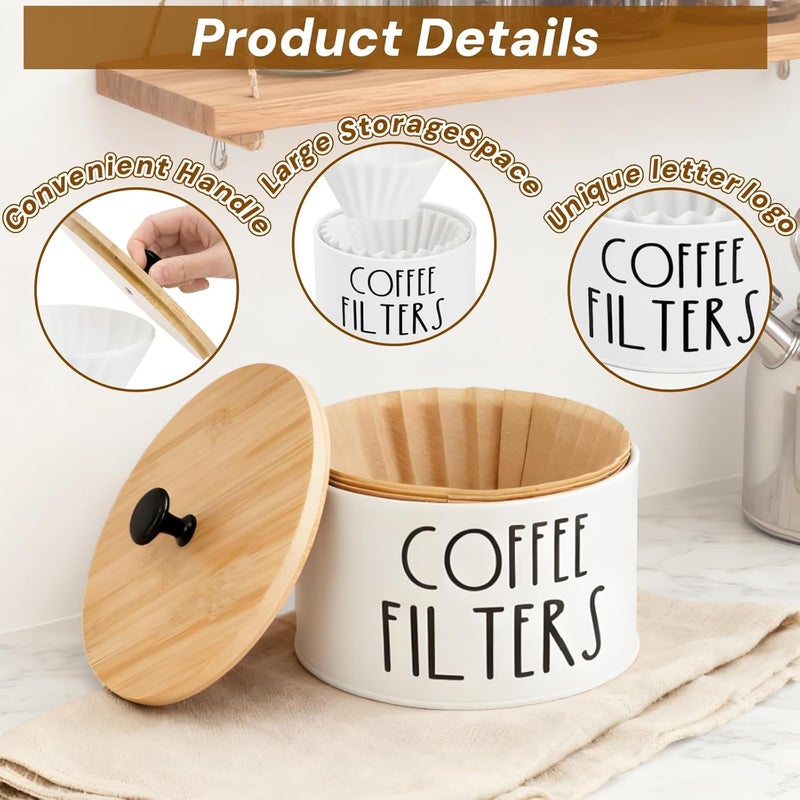 Acshio Coffee Filter Holder with Lid, Metal Round Coffee Filters Storage Container, White Large Coffees Pod Organizer Basket Coffees Bar Decor Accessories for Counter, Farmhouse - Image 3